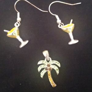 Crystal Martini Glass earrings & Palm Tree charm